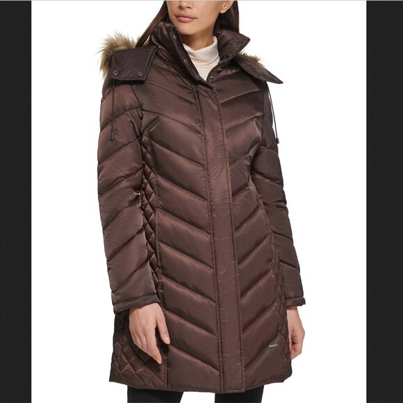Kenneth Cole Long Line Puffer Coat ‎ in Dark Roast Brown Sz XS  No Hood - Picture 1 of 11